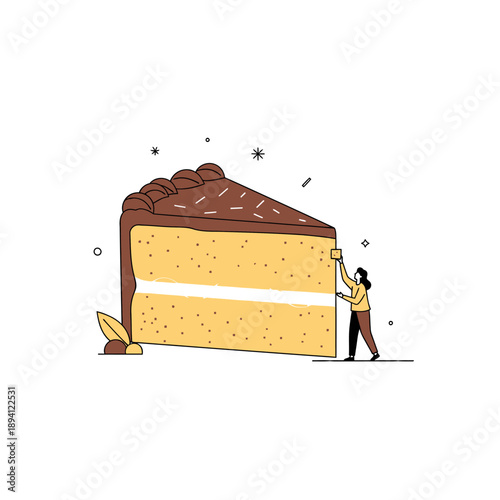 Tiny person decorating giant chocolate cake slice with sprinkles, sweet dessert concept