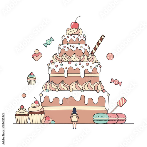 Whimsical Sweet Tower Cake with Cupcakes and Candies, Small Person Admiring