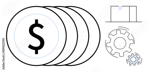 Business strategy, financial planning, e-commerce, logistics, automation, monetary flow. Coins with a dollar sign, gears and a package symbol. Financial planning and business strategy concept
