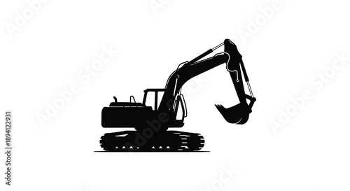 A striking black silhouette depicts a heavy duty excavator machine showcasing construction equipment in a minimalist style silhouette high quality professional detailed