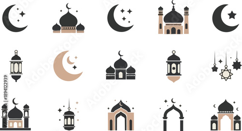 Islamic motifs and symbols crescent moons lanterns and mosque illustrations