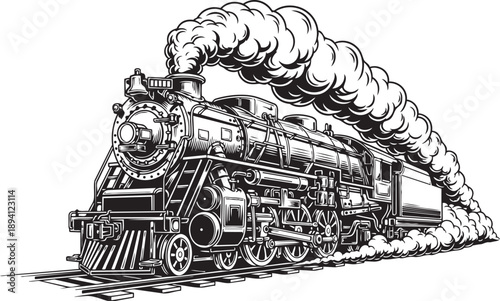 Vintage steam locomotive illustration with billowing smoke side view