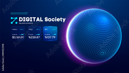 Ai background globe sphere with abstract data particles and a modern communication network. Digital universe concept through blue wireframe analysis and 3d structure. Round earth graphic.