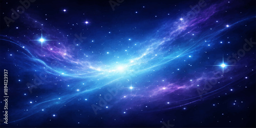 An abstract blue night sky background features a bright starry galaxy and fantasy nebula clouds across the dark outer space cosmos

