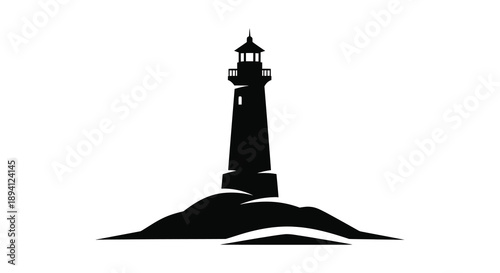A striking black silhouette of a lighthouse perched on a rocky outcrop overlooking a calm sea silhouette high quality professional detailed