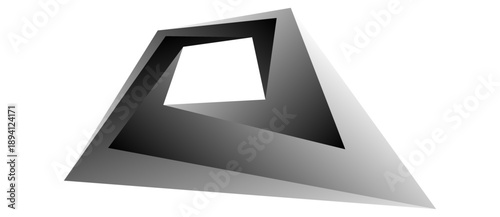 Impossible quadrilateral in black and gray gradients on white. Abstract geometric illusion with depth, perspective, and distortion. Conceptual visual art challenging spatial logic.