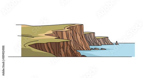 Rugged coastal landscape featuring steep cliffs overlooking the vast ocean on a bright day outdoors.