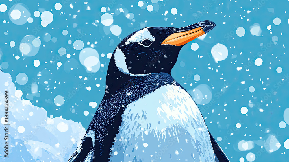 custom made wallpaper toronto digitalAn adorable penguin standing in a snowy landscape. The penguin is surrounded by falling snowflakes, creating a wintery atmosphere.  AI Generative