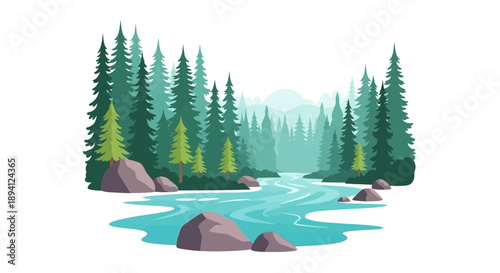 Serene Forest Landscape with Flowing River and Tall Pine Trees, Tranquil Nature Scene