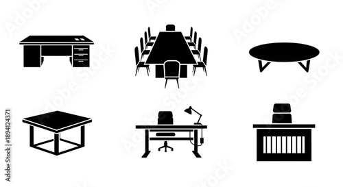 Office furniture icon set with conference and work desk 
