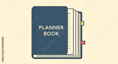 Perfectly designed blue planner book standing upright with colorful tabbed pages visible.