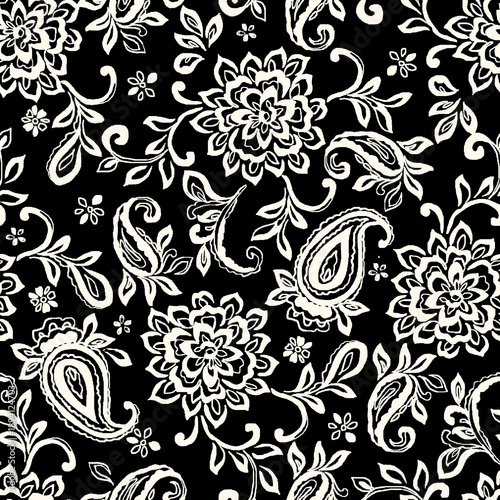 black and white floral and paisley mix seamless print pattern
