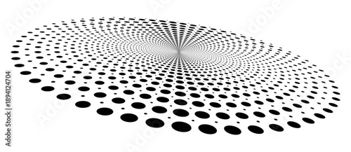 Black dots form a spiral on white background. Abstract radial pattern with depth, motion, distortion, and perspective. Ideal for branding, tech, UI, infographic, or minimalist design.