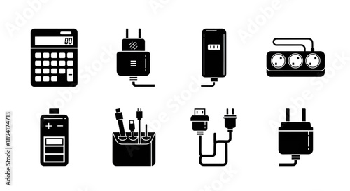 Collection of essential black and white electronic device and charging icons on display.