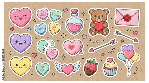 Colorful valentine's day stickers with hearts teddy bear cupcakes and sweet treats on brown background