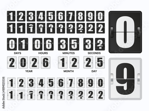 Black and White Flip Clock Countdown Timer Vector Set with Mechanical Number Boards, Days Hours Minutes Seconds Display and Calendar Year Month Day Elements