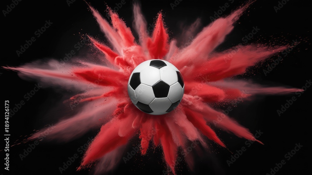 Fototapeta premium A classic black and white soccer ball surrounded by a vibrant explosion of red powder against a dark background, creating a dynamic and energetic sports visual.