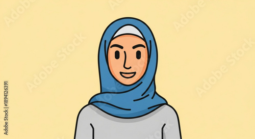 Smiling woman wearing blue hijab and gray shirt on yellow background