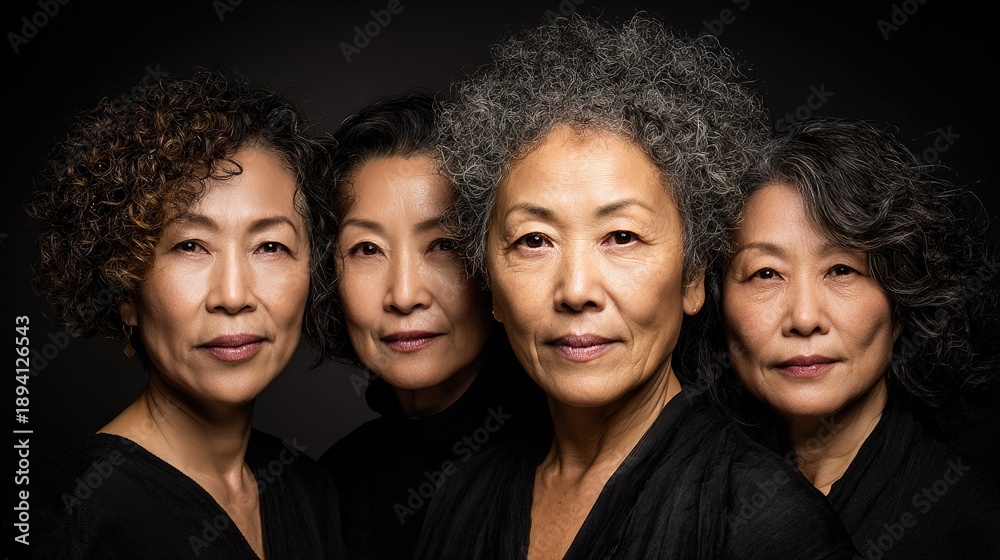 Fototapeta premium Four women with curly hair pose together in a dark setting for a group portrait during a creative photo session
