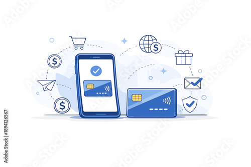 Seamless Digital Transactions. Digital wallet devices on a minimalist desk. Smartphone and smart card resting