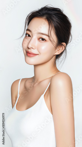 Korean woman model smiling in white camisole top halftone art collage cut outs set for beauty product advertisement vintage aesthetic look