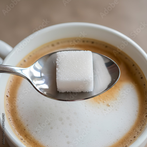 Wallpaper Mural An overhead view of a coffee cup filled with fresh espresso and a lump of granulated sugar on a metal spoon, against a soft natural wood backdrop, captures the minimalist cafe aesthetic Torontodigital.ca