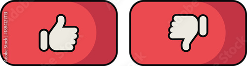 Two flat social media button icons featuring thumbs up and thumbs down hand gestures on red background for user feedback
