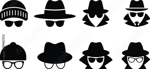 Set of black spy icons including secret agent silhouettes wearing hats and sunglasses for incognito mode and private browsing security