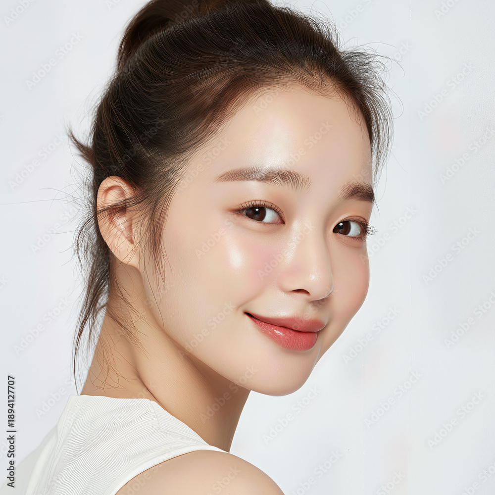 Naklejka premium Korean model's portrait, halftone art, cutouts set, vintage beauty aesthetic, clean skin makeup, serene pose, on white background, studio shot