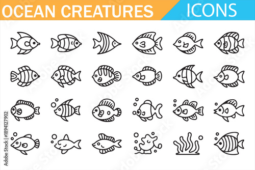 Marine Animals and Ocean Creatures Icon Set for Underwater and Wildlife Concepts