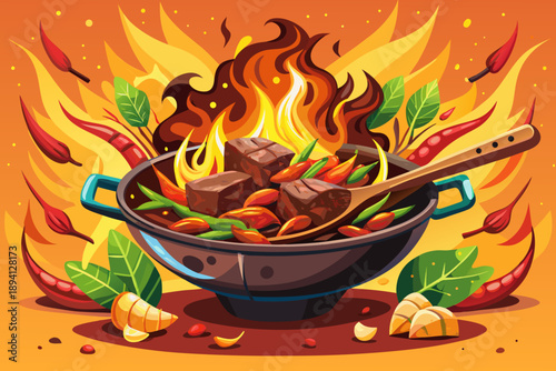 Dynamic cooking with beef and fresh vegetables in a fiery wok with the heat of burning flames. Asian cuisine street food concept.