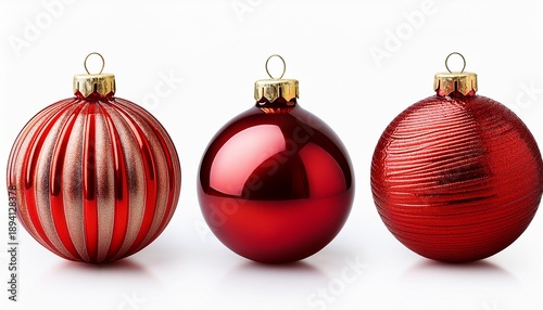 Three Shiny Red Christmas Baubles One Plain One Ribbed And One Striped Isolated On Transparent Background