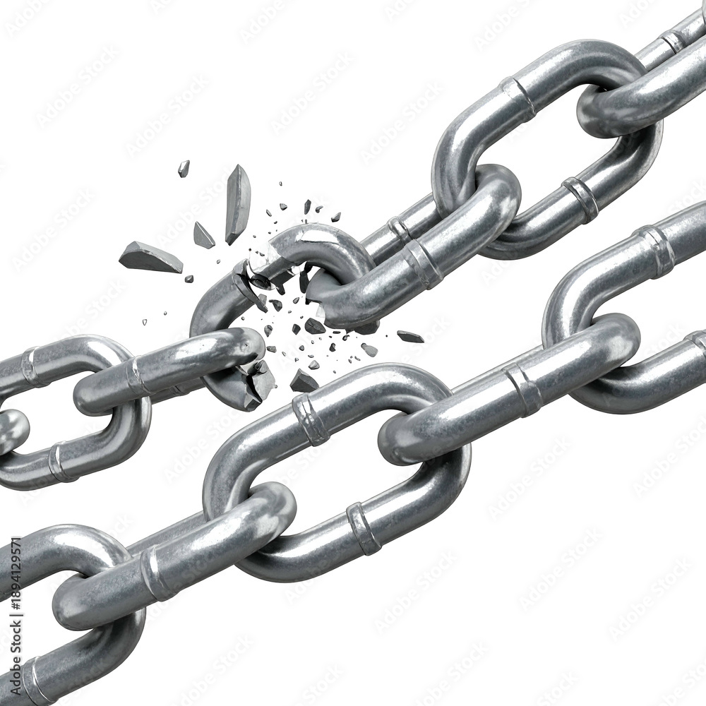 Fototapeta premium A heavy metallic chain, partially broken, with fragments of the torn link