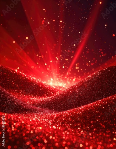 Vibrant abstract background featuring deep red glitter fabric with bright light beams and bokeh effects.