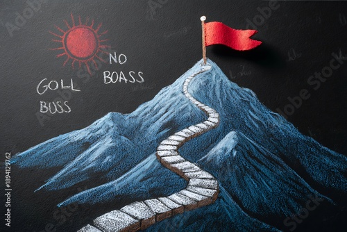 Chalk drawing of mountain with winding path and red flag at summit chalk art.