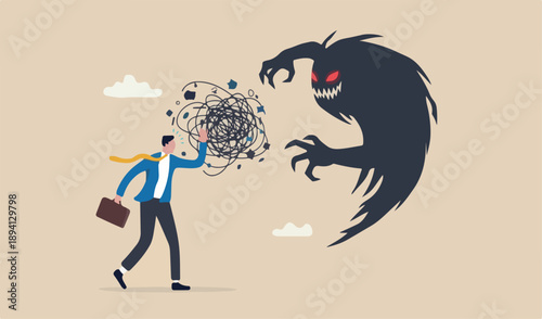 Fear, anxiety or panic attack, afraid of mistake, nightmare suffering, depression or dread, trouble causing distraught concept, fearful businessman afraid evil monster shadow
