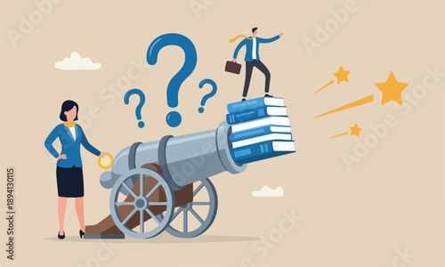 Coaching help, big mentor or motivation to boost productivity, help manager support for career development, entrepreneur launch, woman ignite cannon to launch businessman