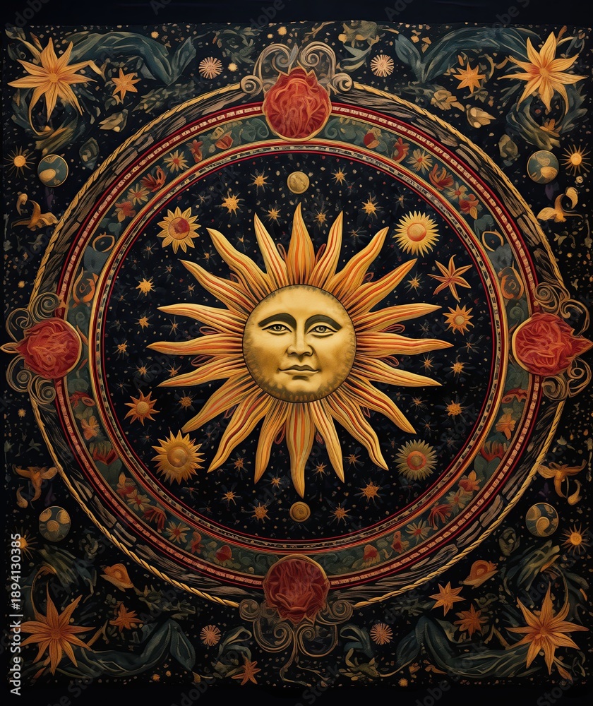 Fototapeta premium Sun perfect medallion totally isolated on black, stone dragon inside celestial botanical stone tapestry featuring moons, suns, constellations and lush flowers intertwined