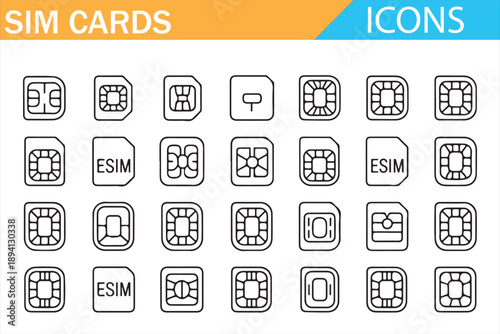 Telecom Technology Icons Featuring SIM Cards, Chips and Mobile Connectivity