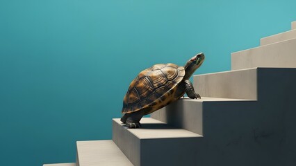 Turtle on concrete staircase with ocean view