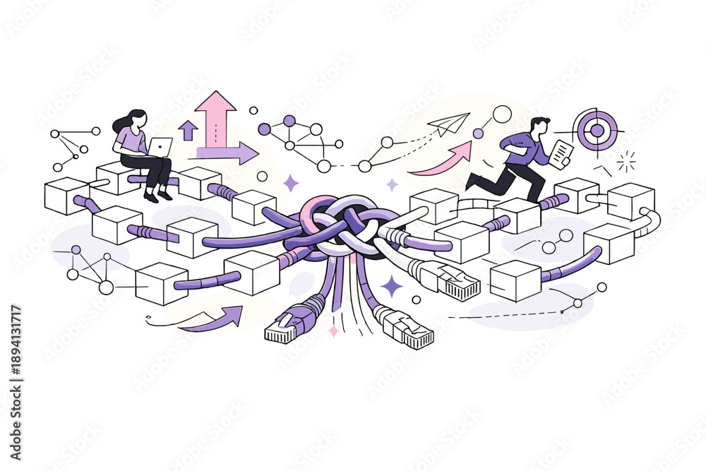 Obraz premium Image Generation. Network cables forming blockchain patterns. Central cable knot radiating into multiple block