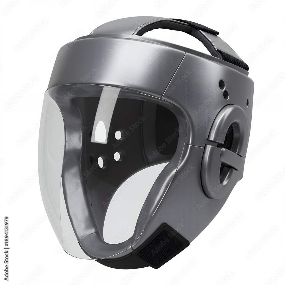 Fototapeta premium Sleek Silver Metallic Boxing Helmet with Full Face Shield and Top Ventilation for Professional Sparring and Combat Training, Isolated 3D Illustration