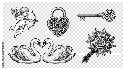 Romantic valentine's day symbols heart lock cupid swans roses and key on transparent background