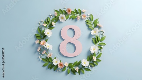 Happy women's day 8th march celebration with floral wreath and pink number eight