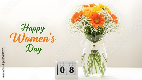 Happy women's day celebration with beautiful flowers and calendar
