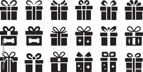 Multiple black silhouette gift boxes with ribbons and bows are displayed against a clean white backdrop