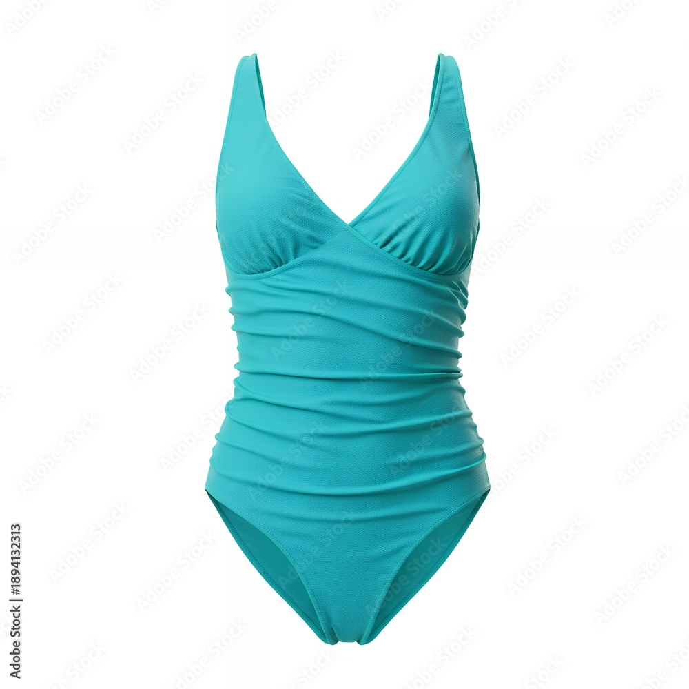 Obraz premium Women's Turquoise Teal Textured One Piece Swimsuit with Elegant V-Neckline and Flattering Ruched Waist Detailing, Professional Product Photography on White Background