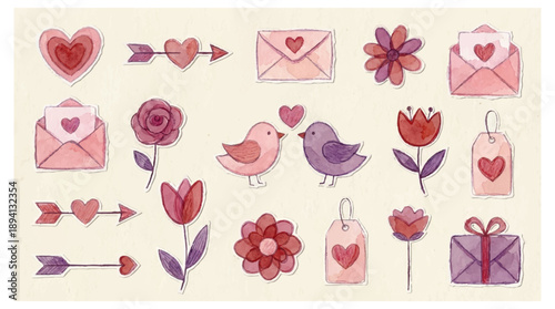 Valentine's day symbols and objects hearts flowers birds gift box love romance valentine sweetheart affection tender envelope arrow floral decoration festive holiday