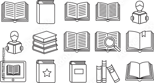 Collection of black and white line representing books and reading open book closed book stack of books