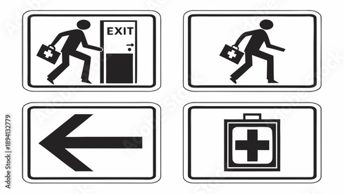 First aid and emergency exit pictogram signs display required safety directions for quick evacuation.